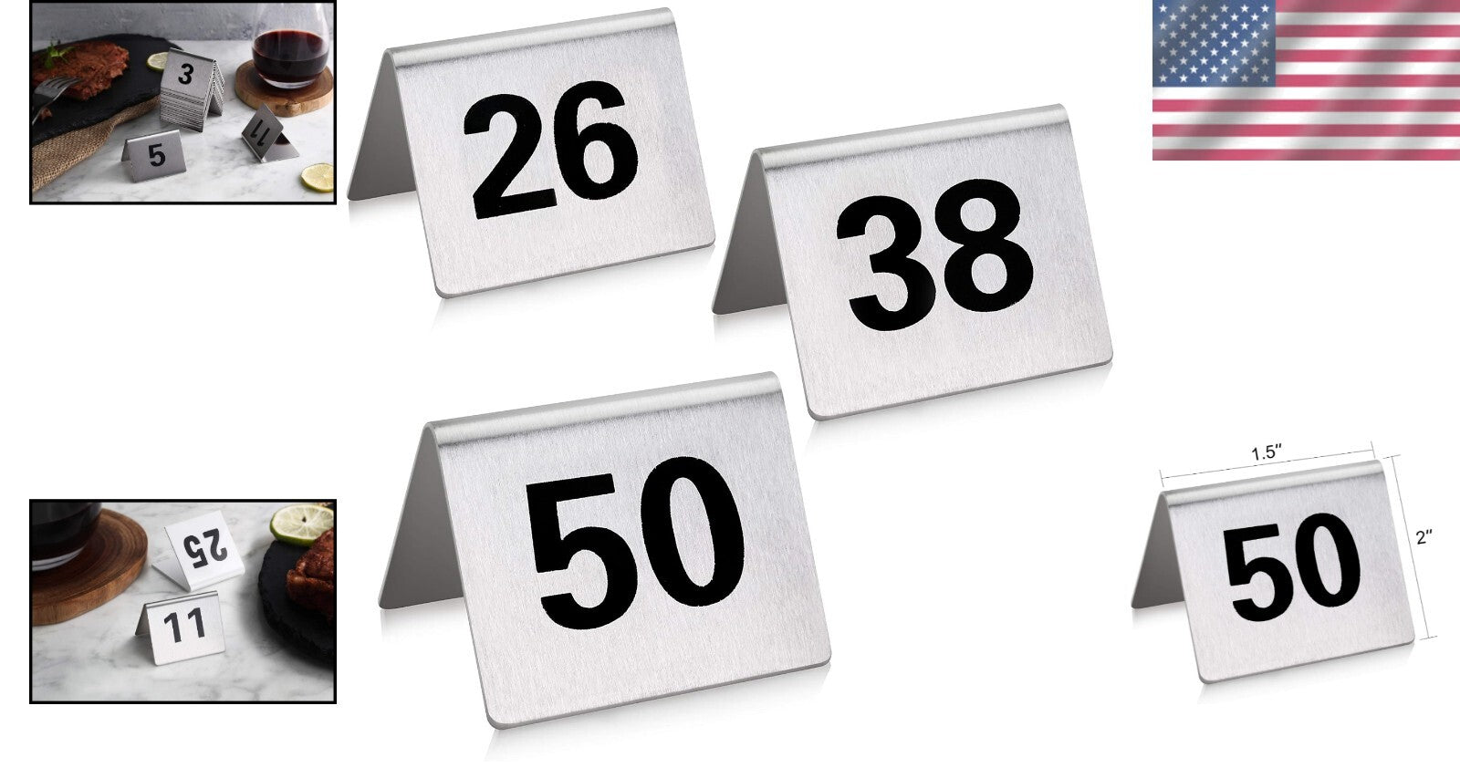 Double-Sided Stainless Steel Table Number Cards 1.5" x 2" for Banquets