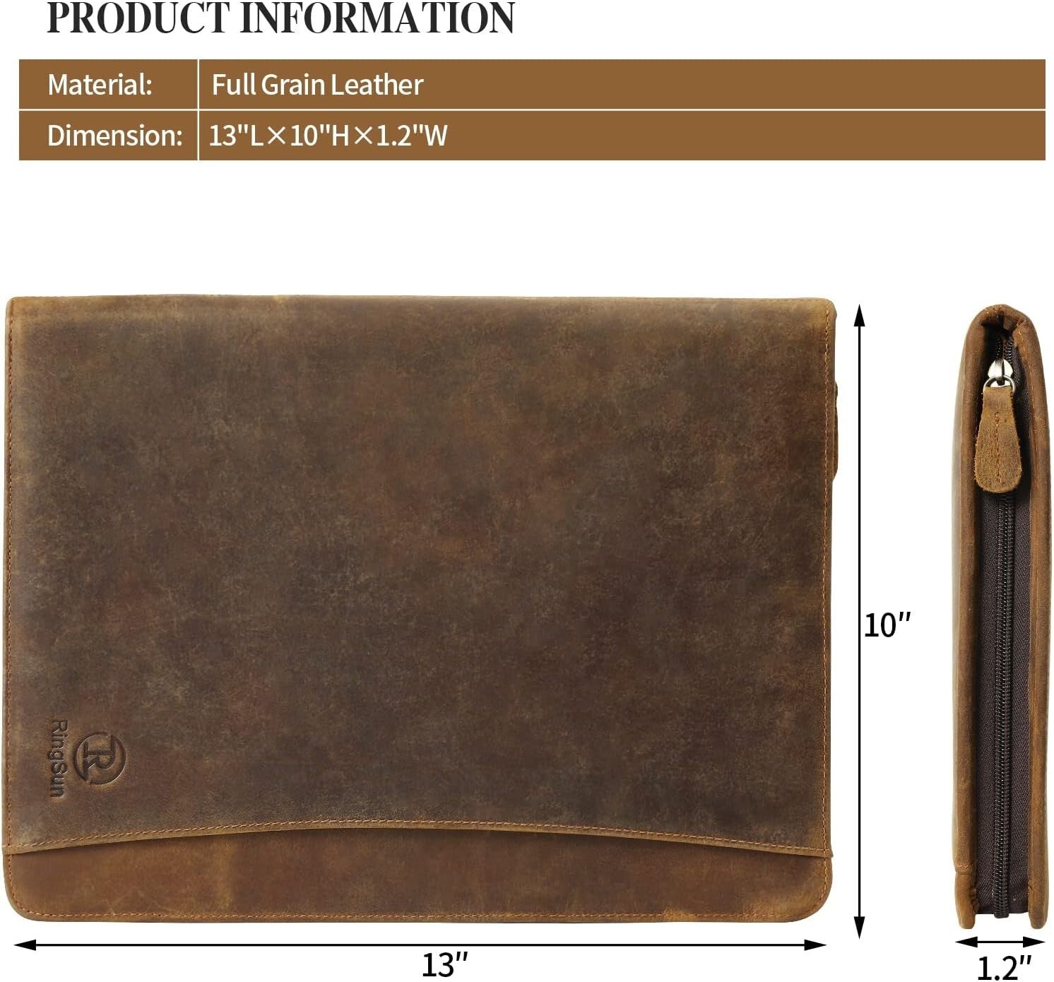 Luxury Full Grain Leather Zippered Portfolio Padfolio for Business Professionals