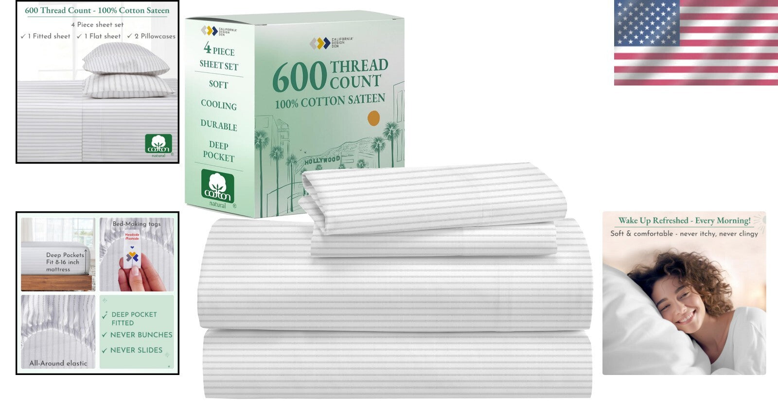 Breathable 600 Thread Count California King Sheet Set - Fade Resistant Sateen