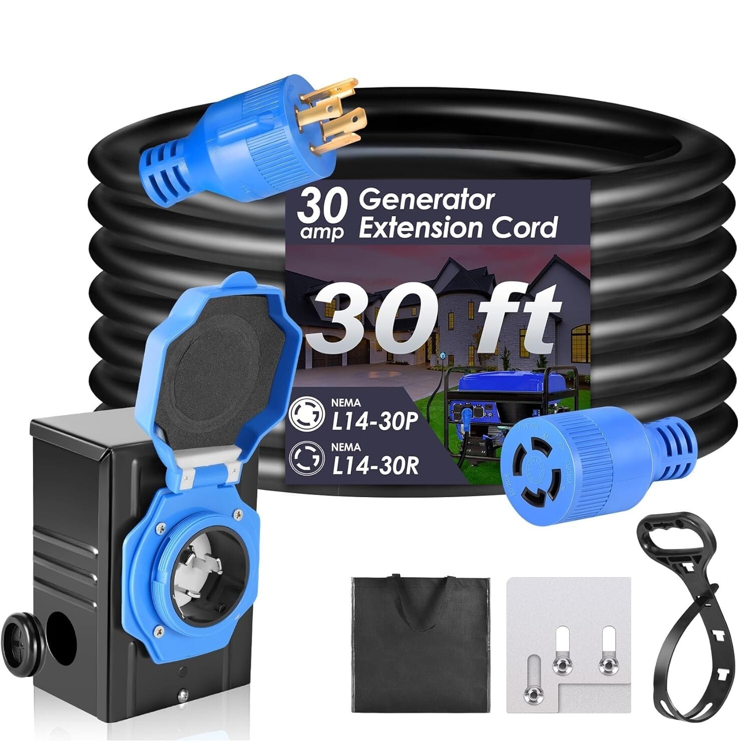 ETL Certified 30 Amp 30 FT Generator Extension Cord with Pre-Drilled Inlet Box