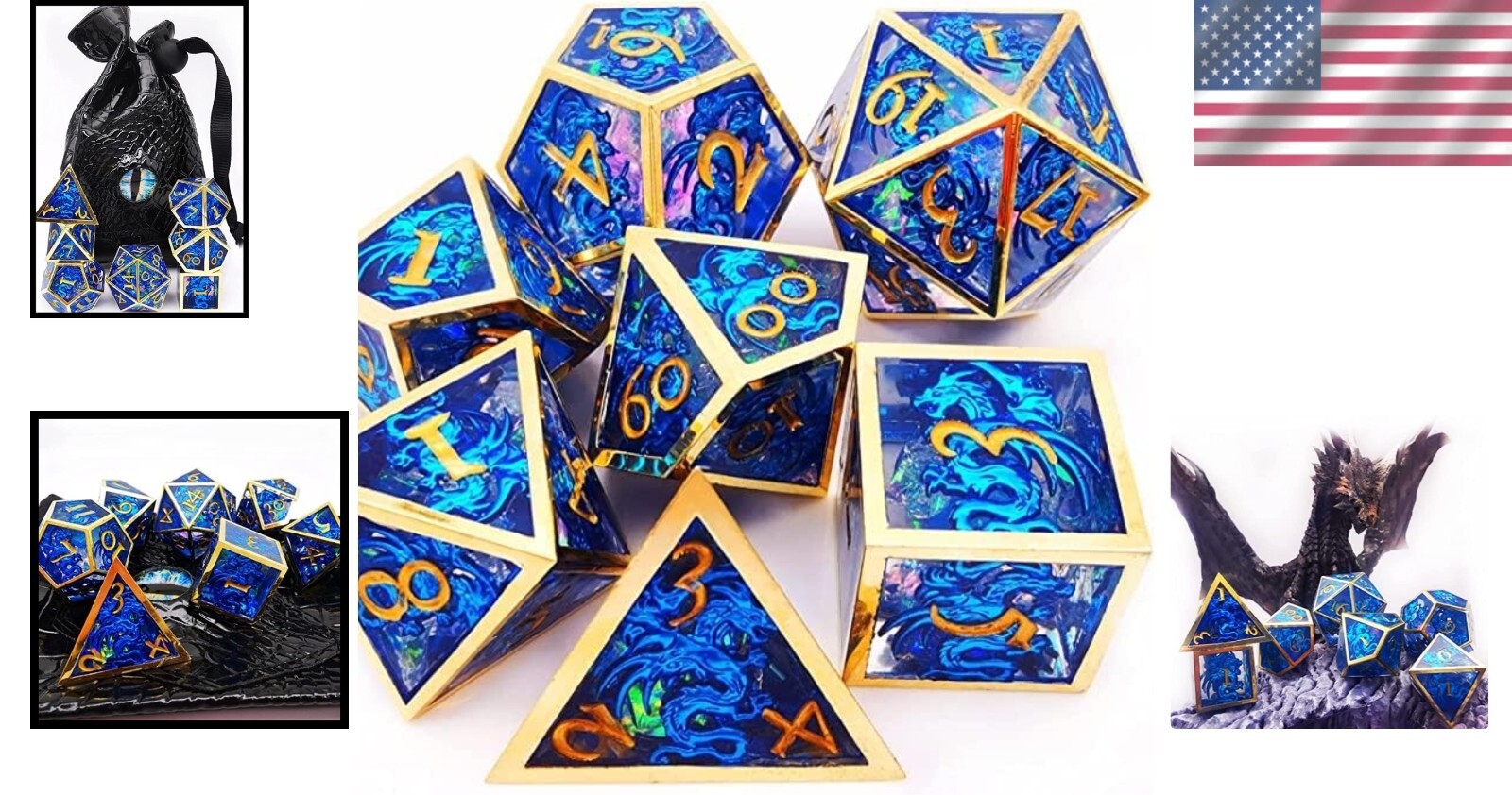 Eco-Friendly Blue Dragons Polyhedral Dice Set - 7 Hollow Metal/Resin Variety