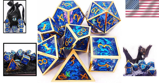 Eco-Friendly Blue Dragons Polyhedral Dice Set - 7 Hollow Metal/Resin Variety