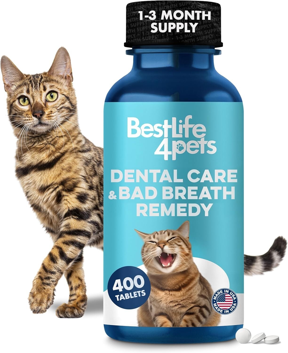 Natural Cat Dental Care & Fresh Breath Remedy - 400 Tiny Pills for Oral Health
