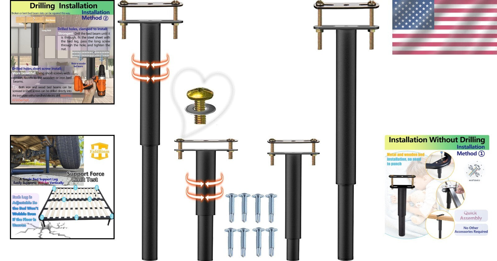 4PC Adjustable Bed Frame Support Legs - Universal Stabilizer 10-17.5" Height