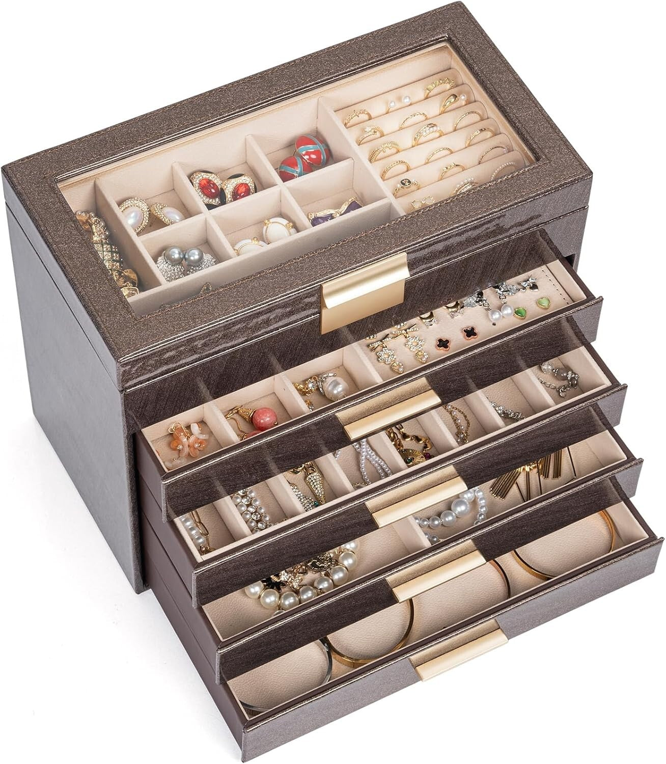 Stunning Clear Glass Lid Jewelry Box - 5-Tier Multi-Drawer Organizer for Women