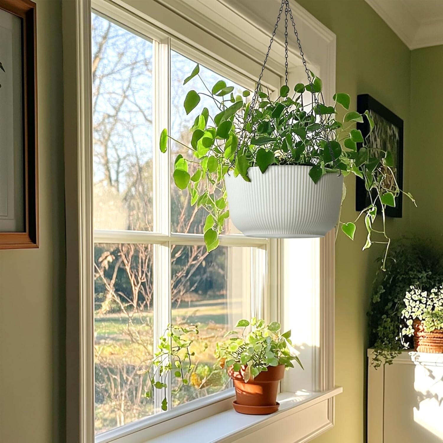 Elegant 12 Inch White Hanging Flower Pots with Drainage for Modern Spaces