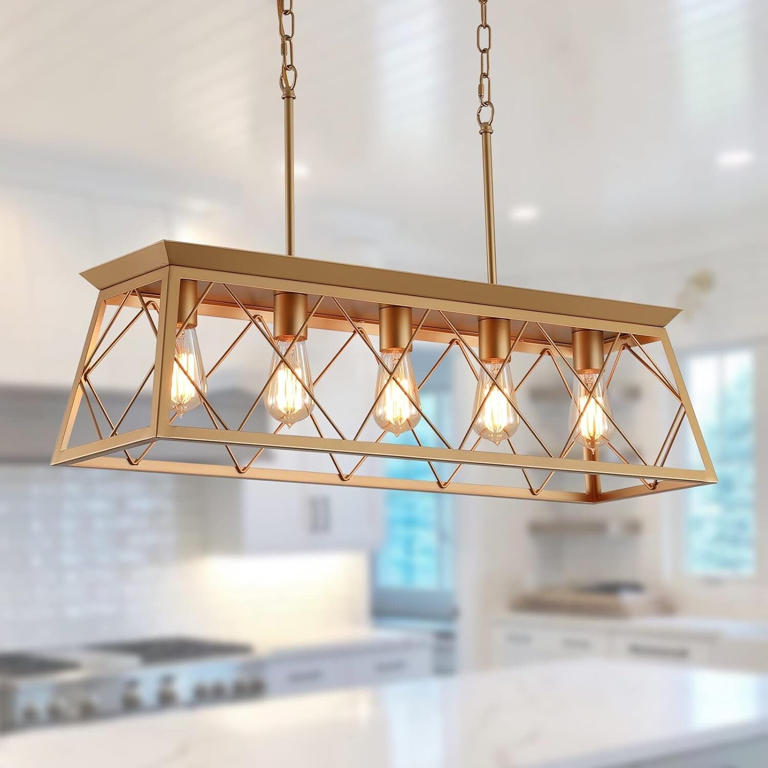 Adjustable 5-Light Gold Farmhouse Chandelier for Living Room and Dining Areas