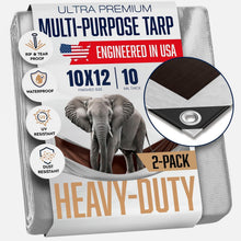 Load image into Gallery viewer, Durable 10 Mil Waterproof Tarps - 10' x 12', Grommets Every 18 Inches - 2 Pack