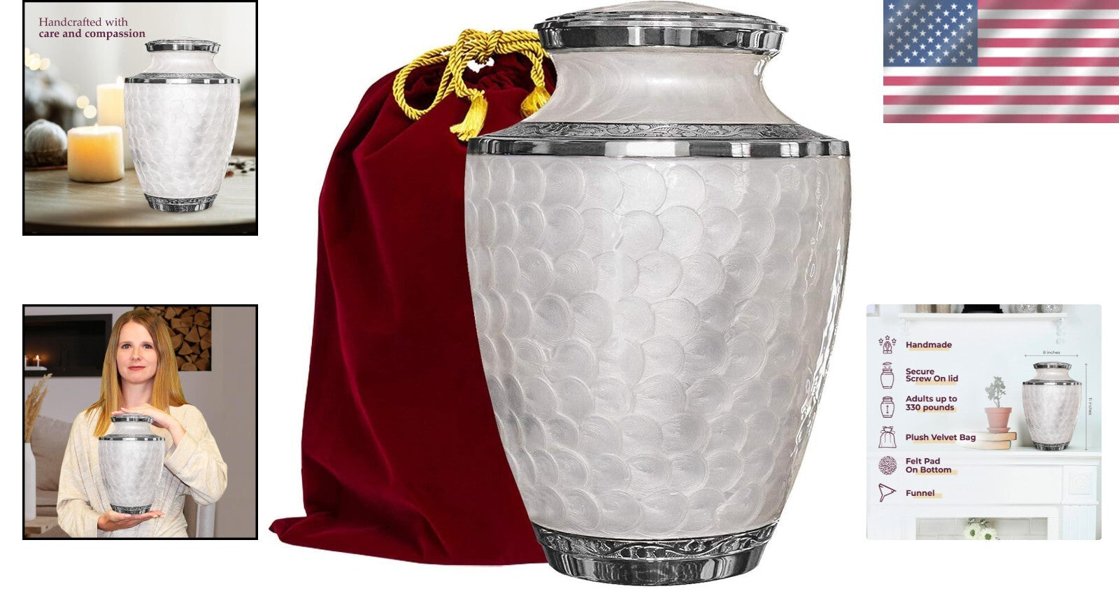 Large Decorative Burial Urn for Human Ashes - Opal Finish with Silver Lining