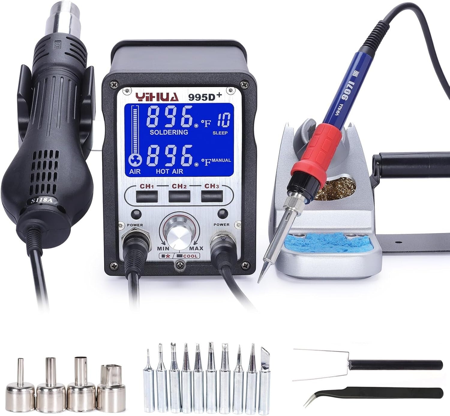 Versatile 995D+ Hot Air Gun & Soldering Iron Station with Programmable Features