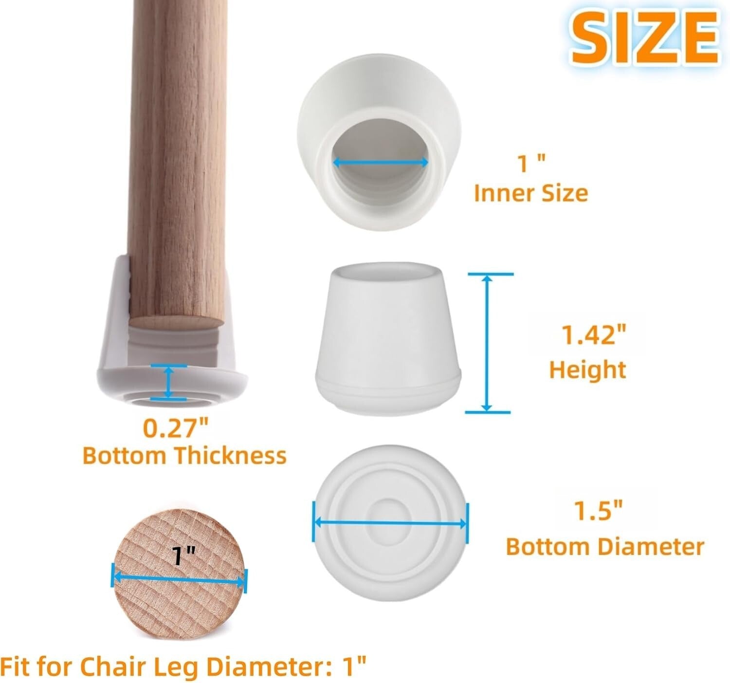 Stylish White Non-Slip Rubber Floor Protectors – 64 Chair Leg Tips, 1” Diameter