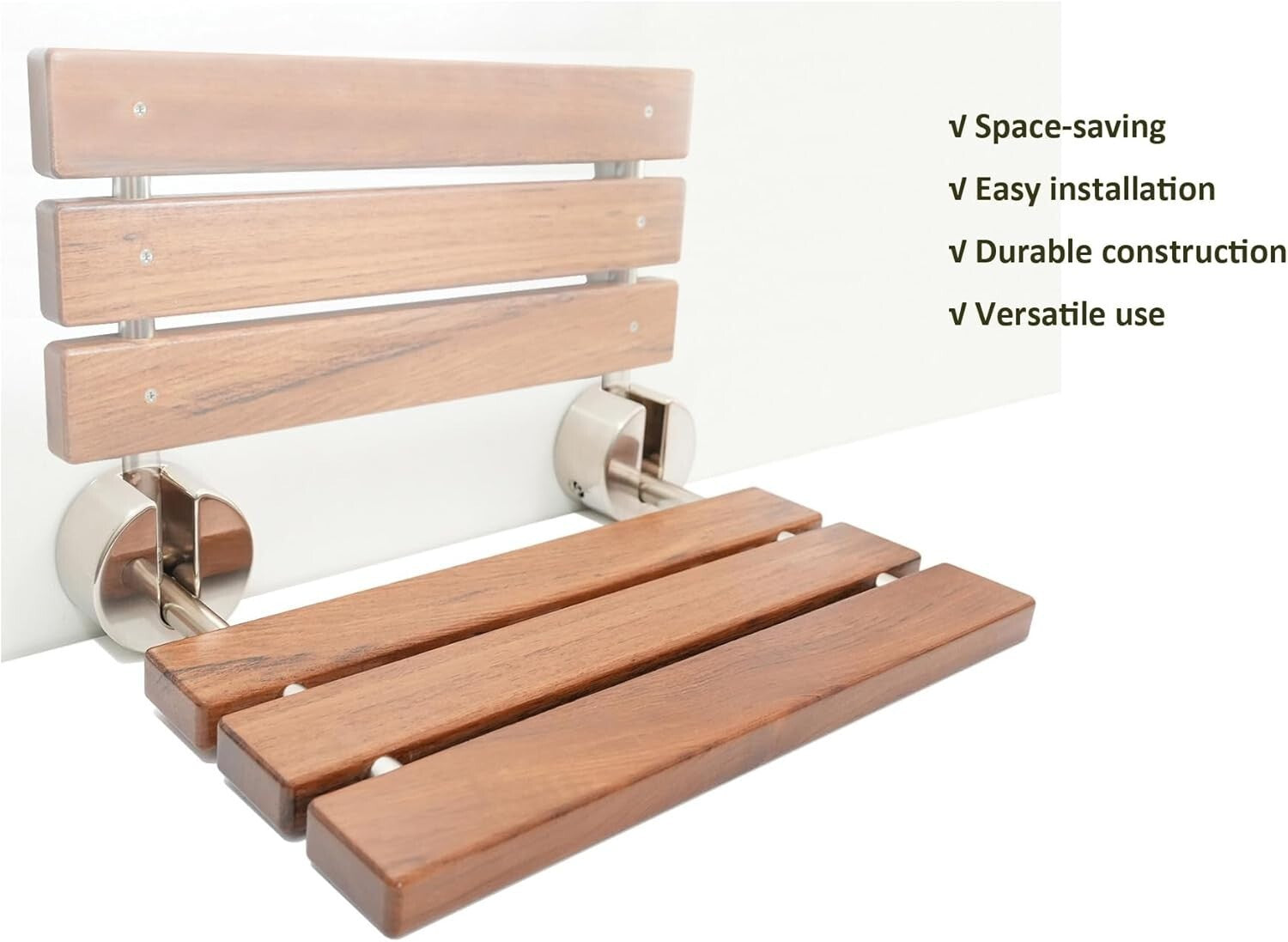Modern Shower Seat with Brushed Stainless Steel - Space-Saving Teak Wood Design