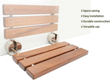 Load image into Gallery viewer, Modern Shower Seat with Brushed Stainless Steel - Space-Saving Teak Wood Design