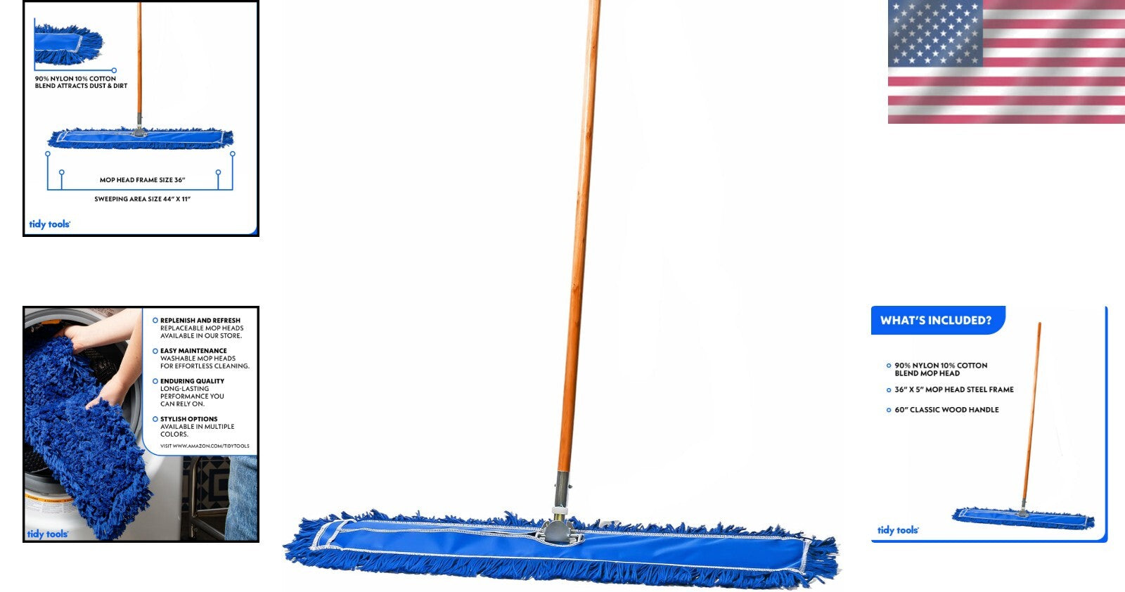 Durable 36In Blue Cotton Dust Mop with Wooden Handle for Heavy-Duty Cleaning
