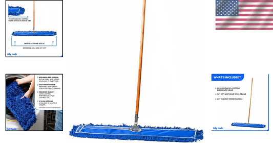 Durable 36In Blue Cotton Dust Mop with Wooden Handle for Heavy-Duty Cleaning
