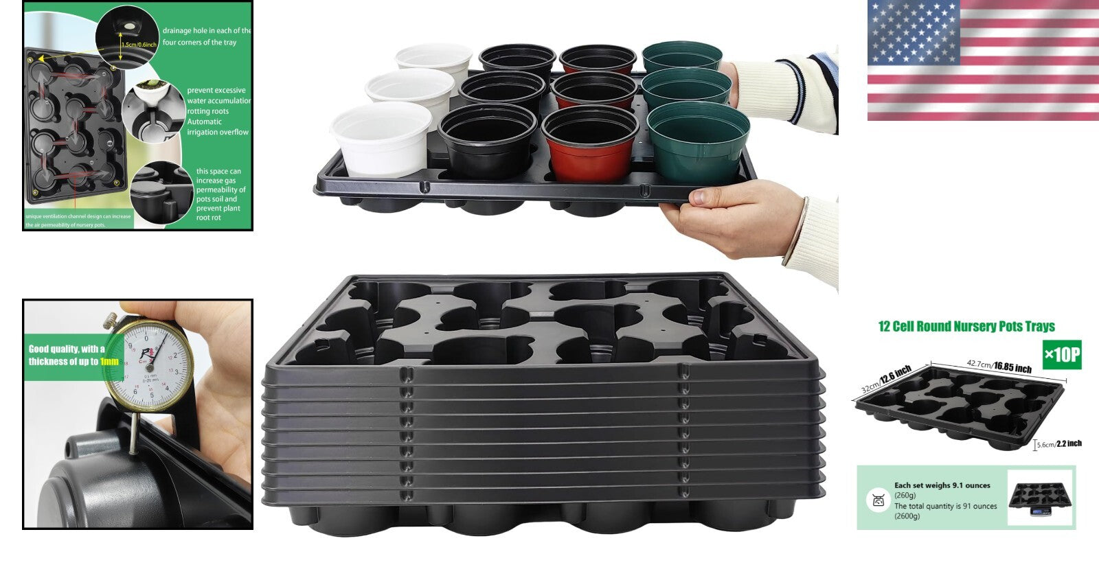 10-Pack 4-Inch Nursery Pot Trays - Durable Black Seedling Carriers with Drainage