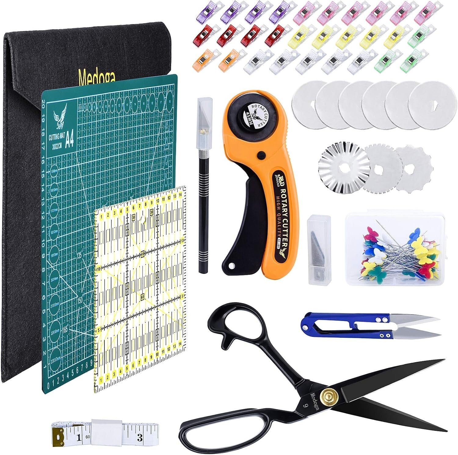 Sewing & Quilting Essential Kit: 104-Piece Rotary Cutter with Ruler & Clips