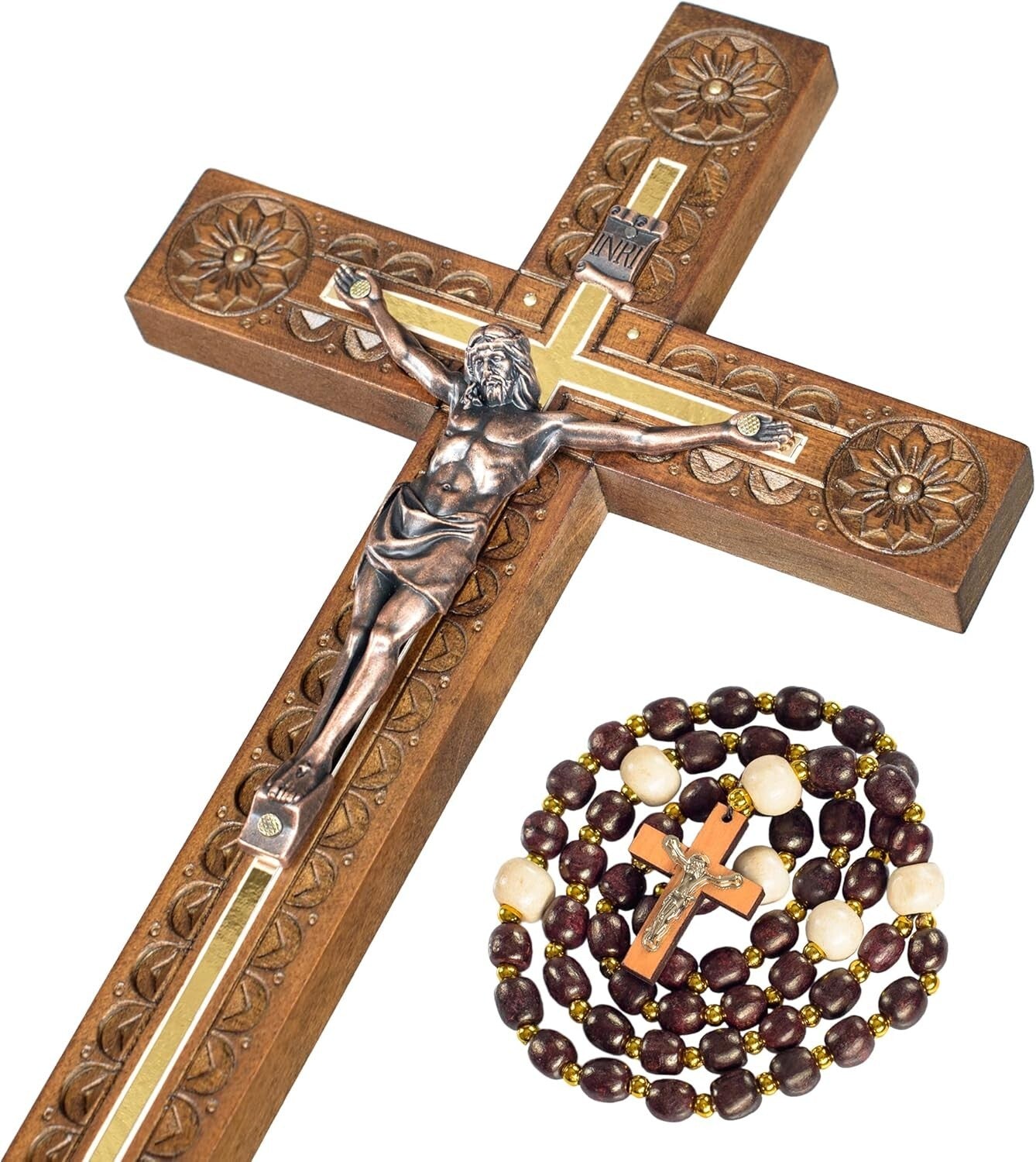 Handcrafted 12-Inch Crucifix Wall Cross - Elegant Decor with Wooden Rosary Gift