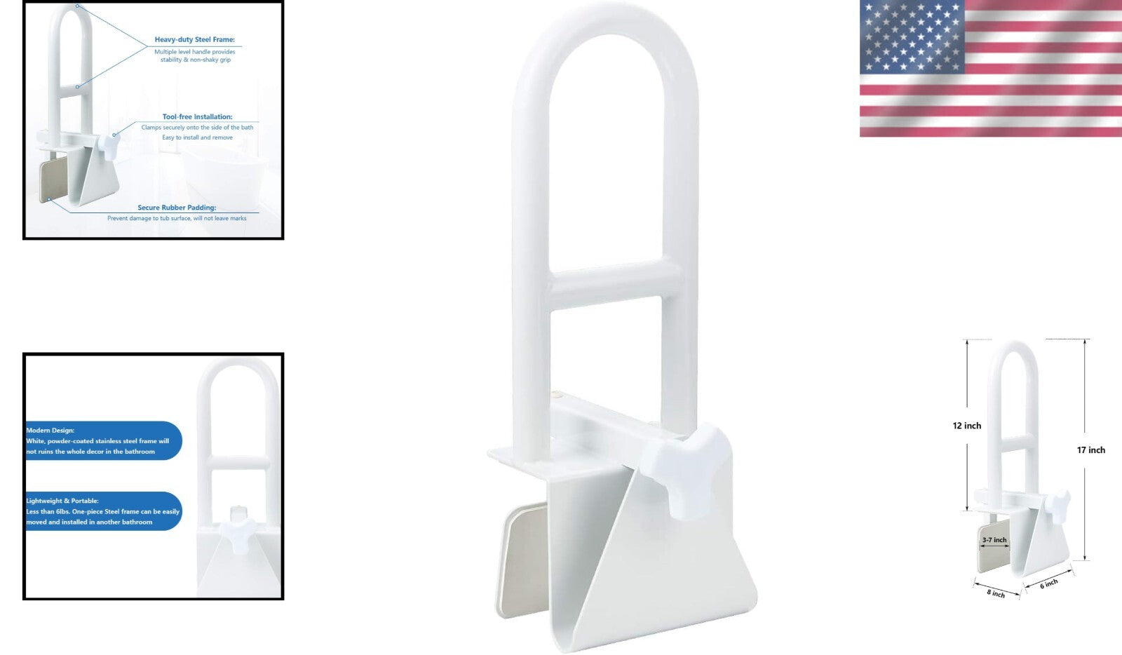 Ergonomic Tub Safety Handle Rail for Seniors - Easy Install, 300 lbs Support