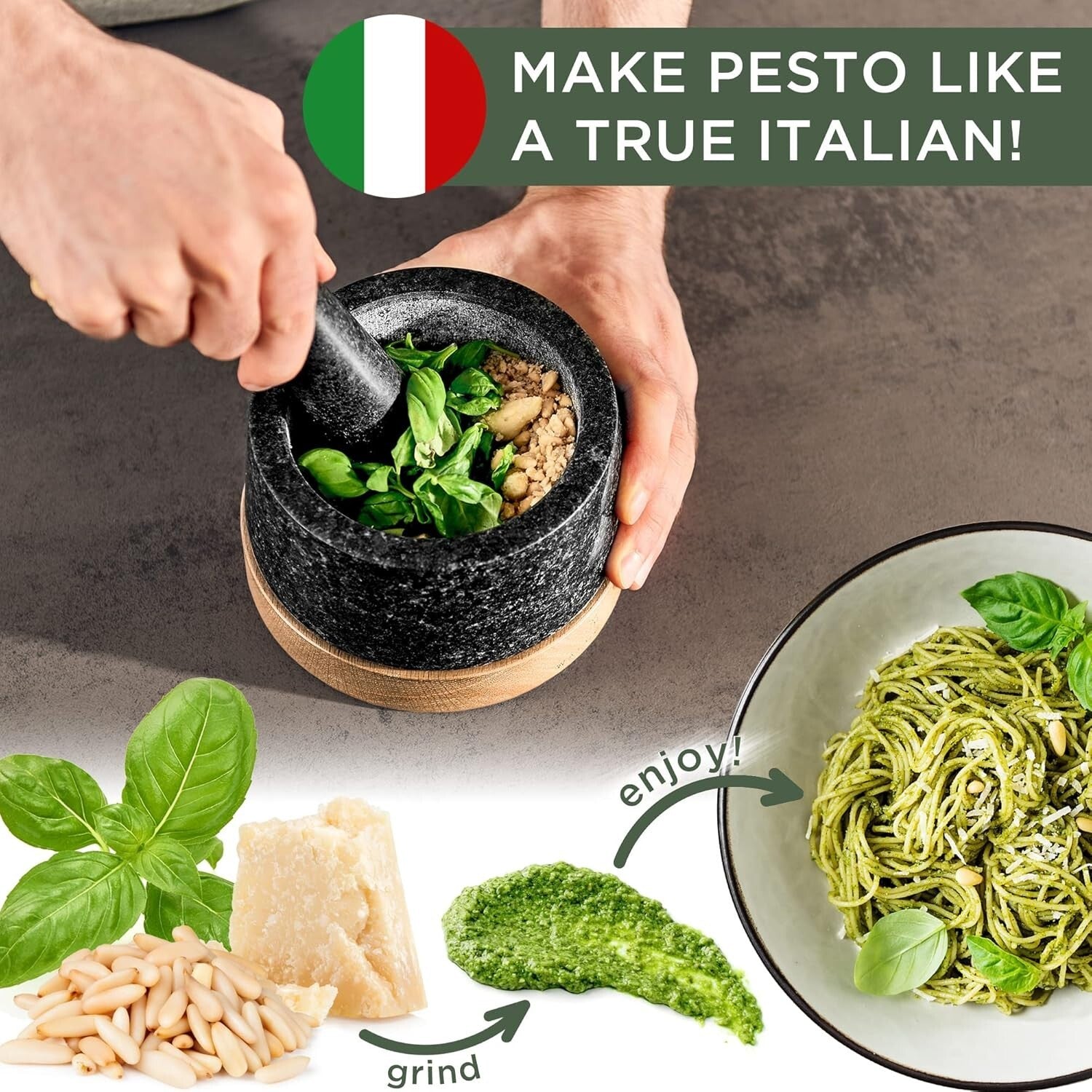 Extra Large Granite Mortar and Pestle Set - Oak Wood Base for Scratch Protection