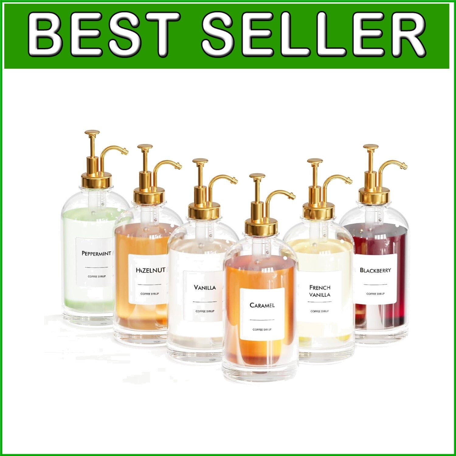 Elegant 6-Piece Glass Coffee Syrup Dispenser Set with Gold Pumps & Labels