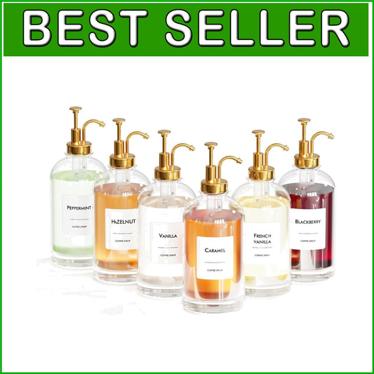 Elegant 6-Piece Glass Coffee Syrup Dispenser Set with Gold Pumps & Labels