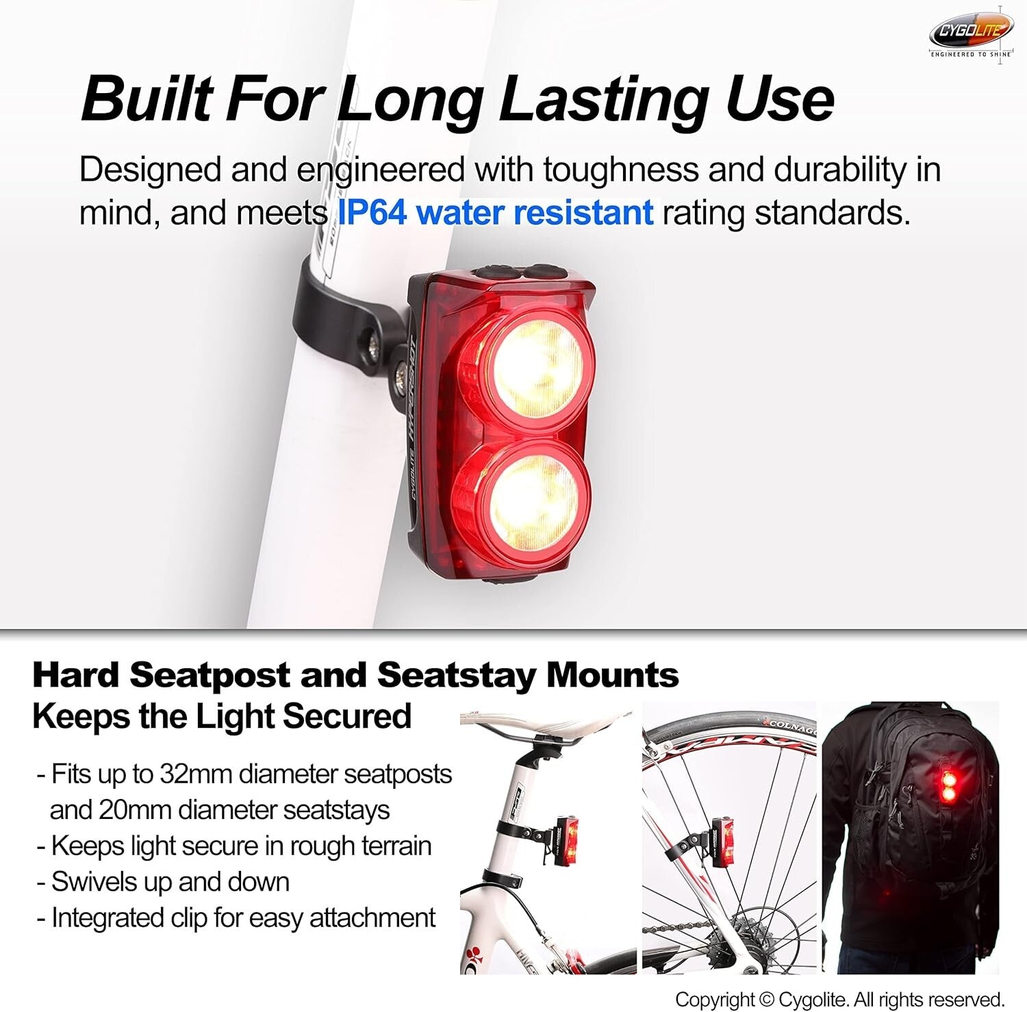 Bright & Compact Bicycle Taillight - 350/250 Lumens with Secure Mounting System