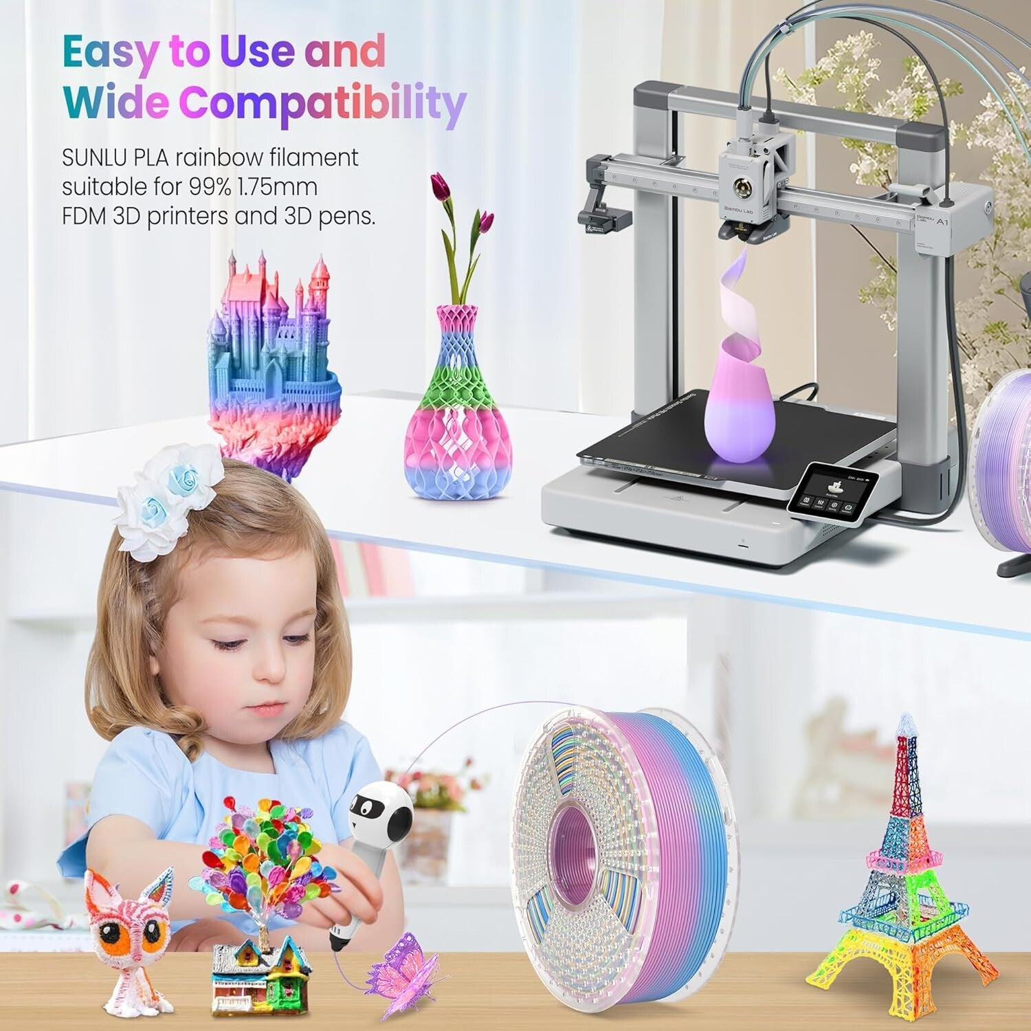 Easy-to-Use Rainbow PLA Filament 4 Pack - Gradient Colors 1.75mm, Vacuum Packed