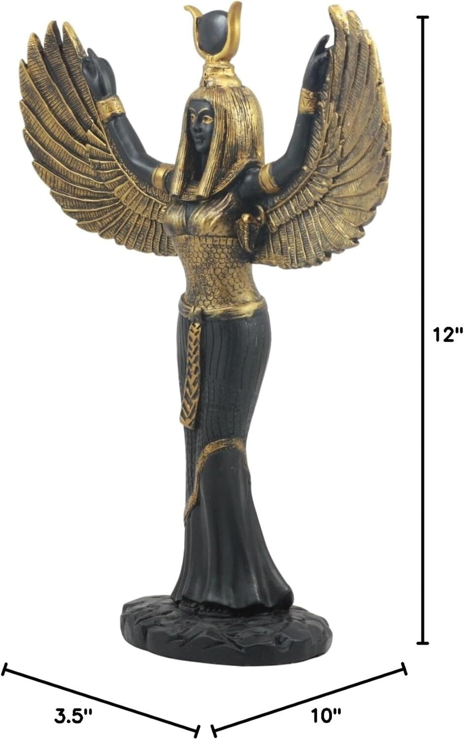 Handcrafted Isis Goddess Statue - 12" Open Wings Decor in Elegant Black & Gold