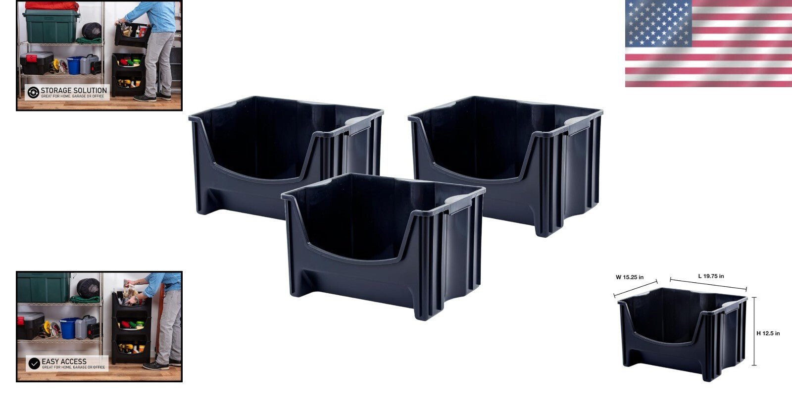 3-Piece Jumbo Stackable Storage Container Set, Durable with Extra-Large Handles