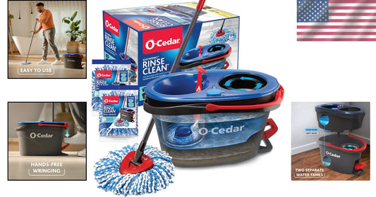 RinseClean Spin Mop System with Dual-Chamber Bucket & 2 Extra Microfiber Heads