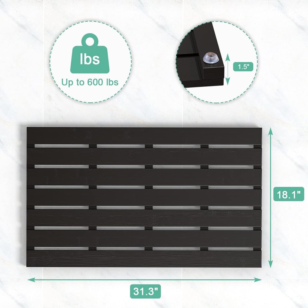 Elegant Black Bamboo Bath Floor Mat - Non-Slip and Waterproof, 31.3"L x 18.1"W