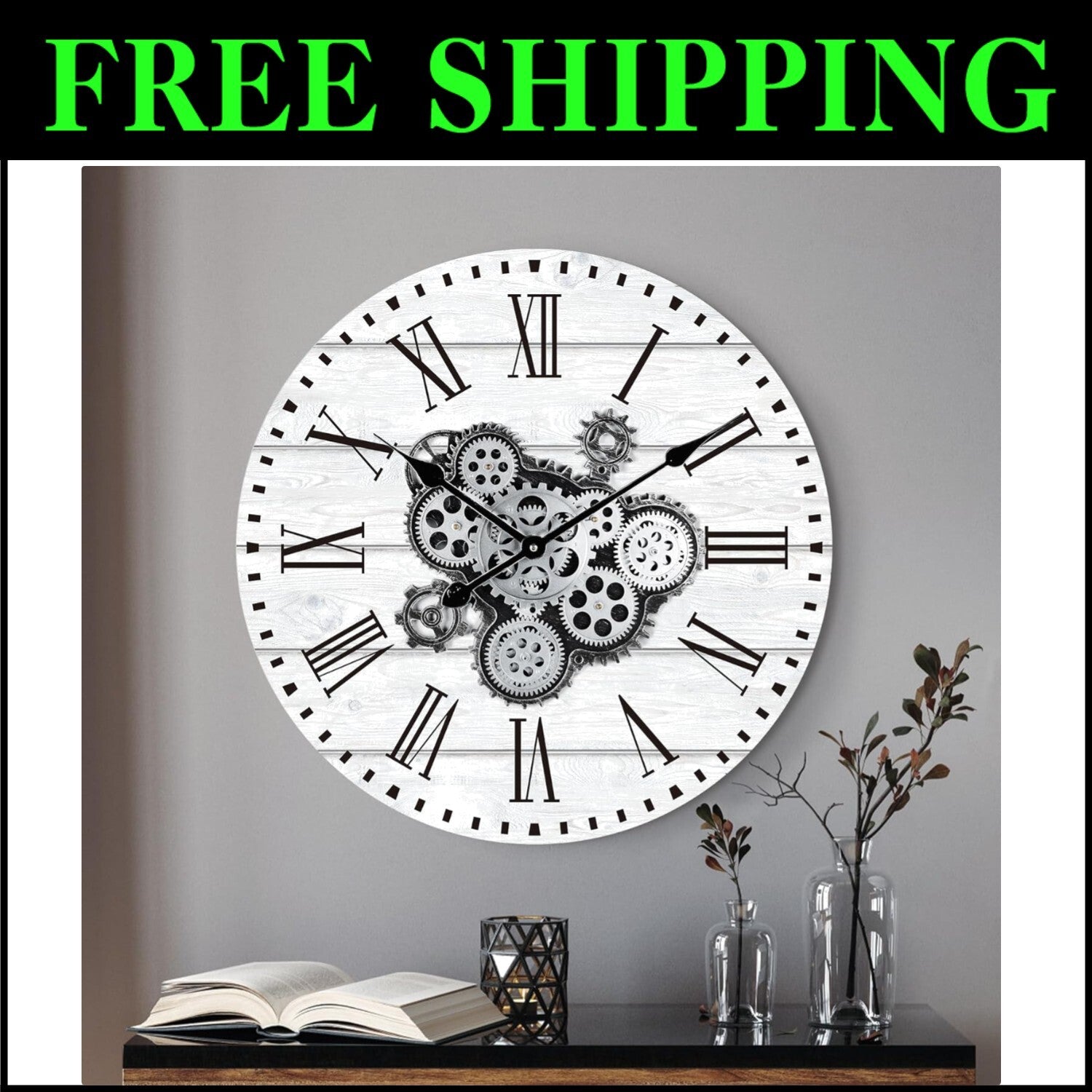 Stylish 23" White Farmhouse Wall Clock with Real Moving Gears for Home Offices