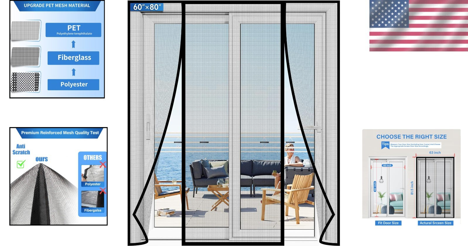 Pet & Kid Friendly Magnetic Screen Door - Stronger PET Mesh, Easy Install 60x80