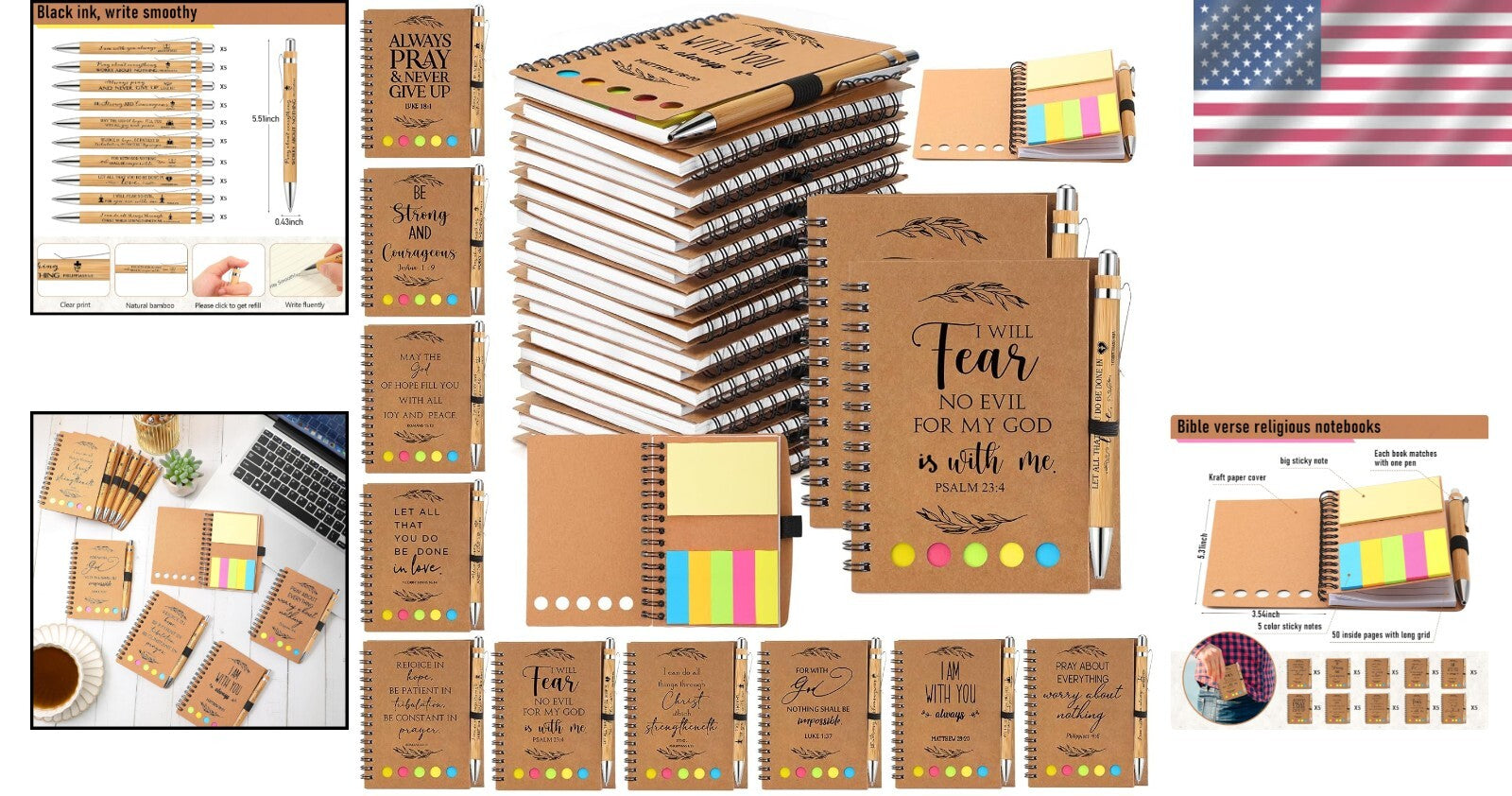 Elegant 100-Piece Bible Theme Notebooks & Bamboo Pens for Spiritual Note-Taking
