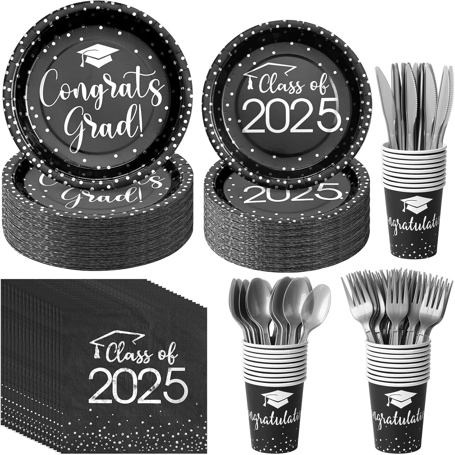 700pcs Graduation Party Supplies - Stylish Black & Silver Plates & Napkins