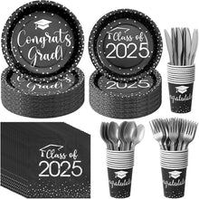 Load image into Gallery viewer, 700pcs Graduation Party Supplies - Stylish Black &amp; Silver Plates &amp; Napkins