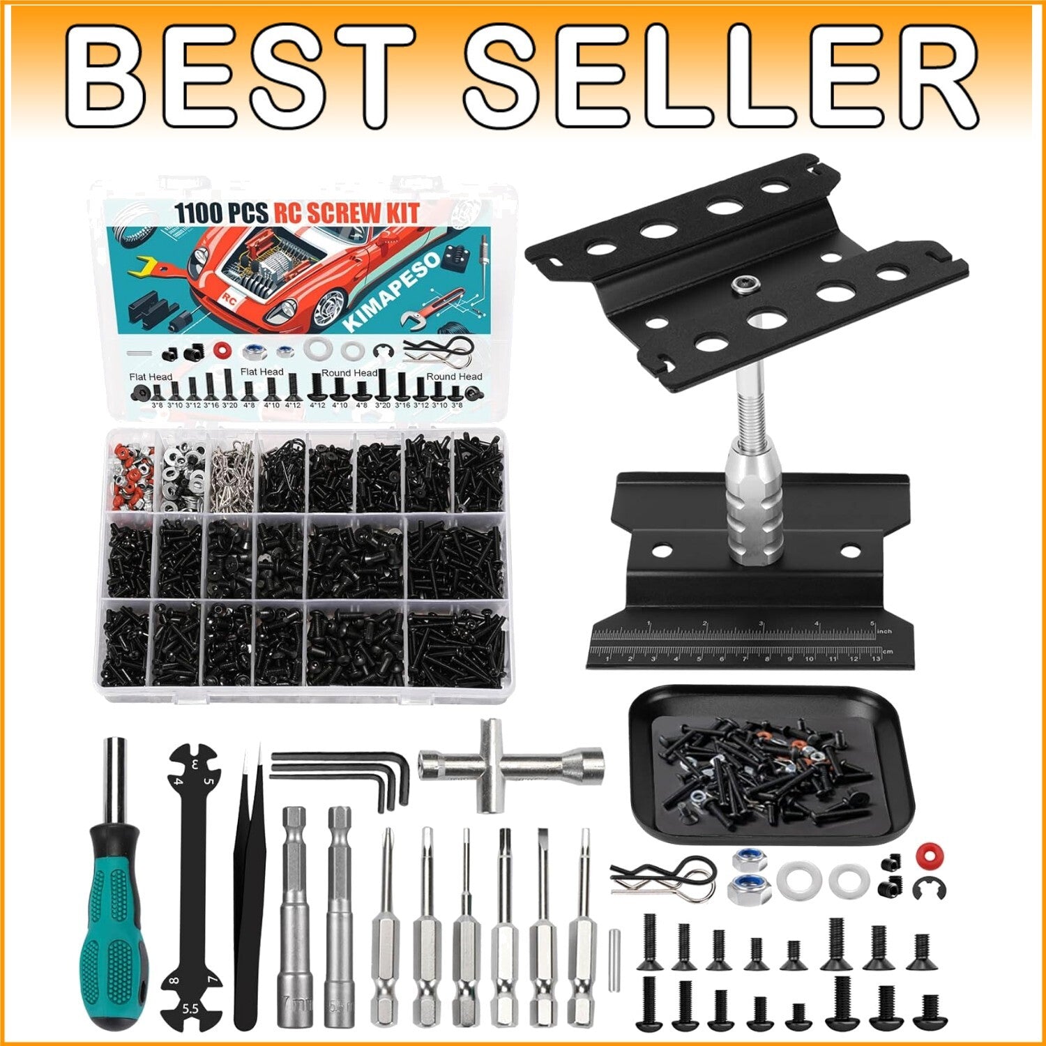 Efficient RC Car Repair Toolkit: Work Stand, 1100 Screws & 6 Tools Included