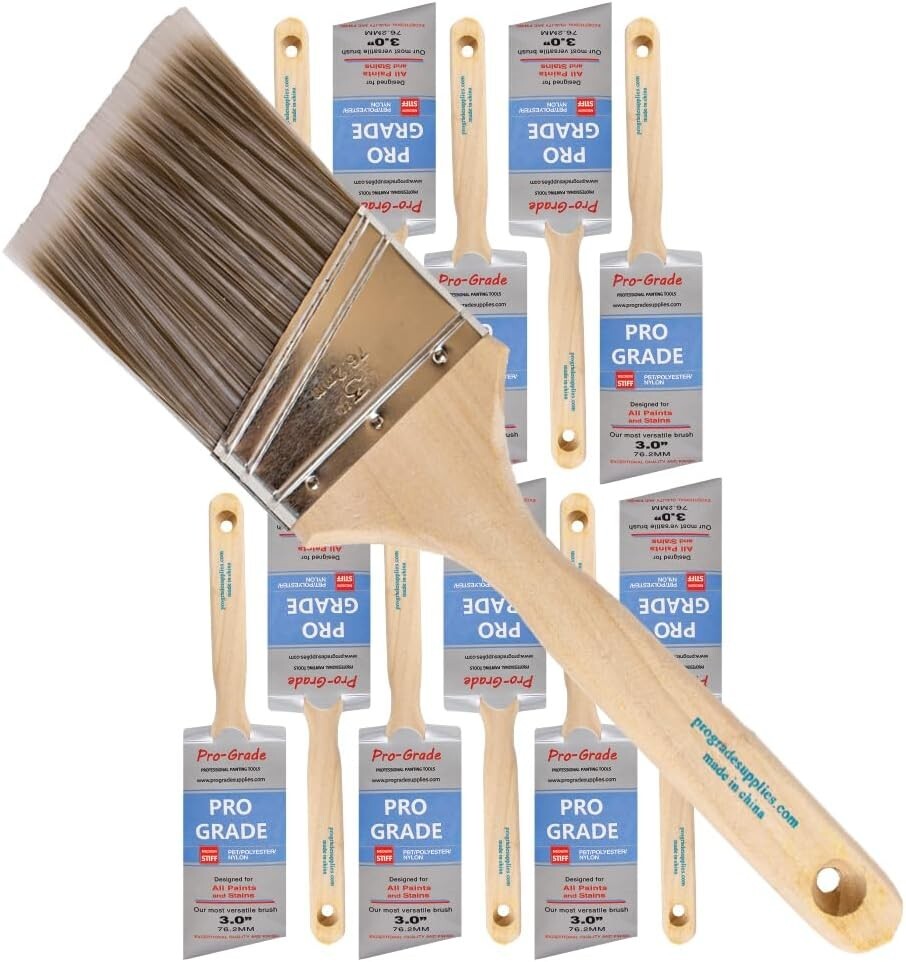 12-Pack 3" Angle Paint Brushes - Synthetic Bristles for Precision & Durability