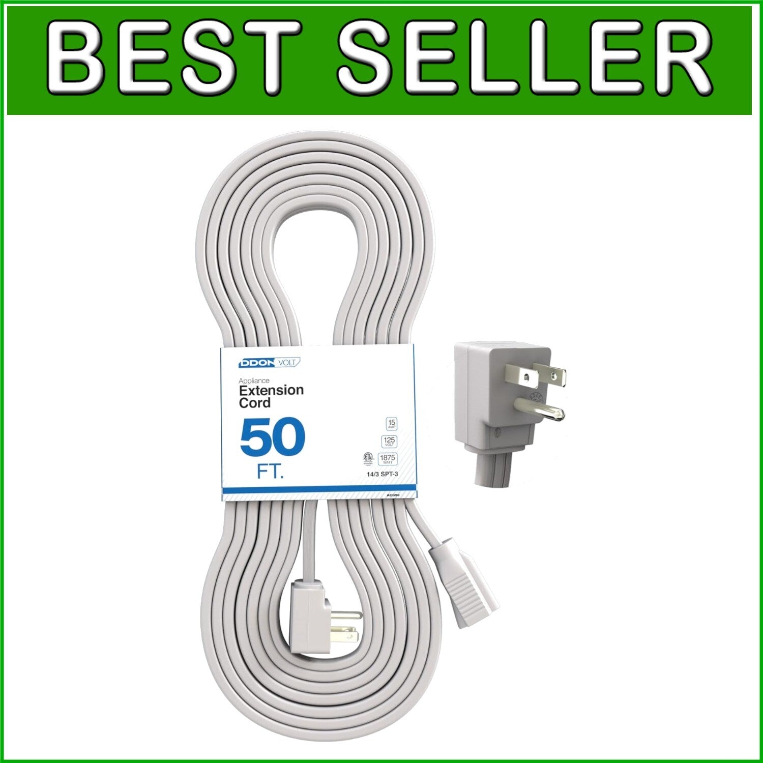 14 Gauge 50ft Appliance Extension Cord with 90-Degree Angle Plug – Indoor Use