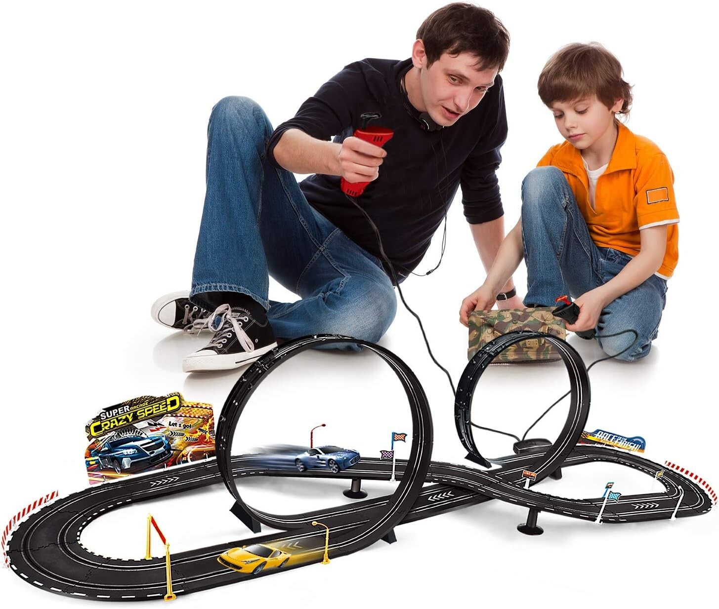 Kids Electric Slot Car Racing Set - Includes 2 Cars, Loop, and Fly-Over Track