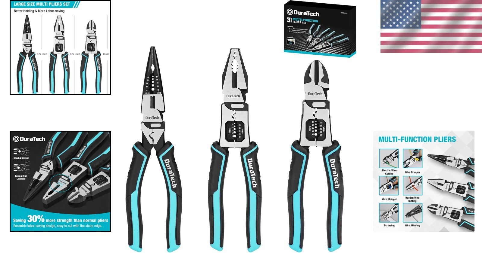 Ergonomic 3-Piece Pliers Set: 8.5" Lineman, Long Nose, and Diagonal Cutters
