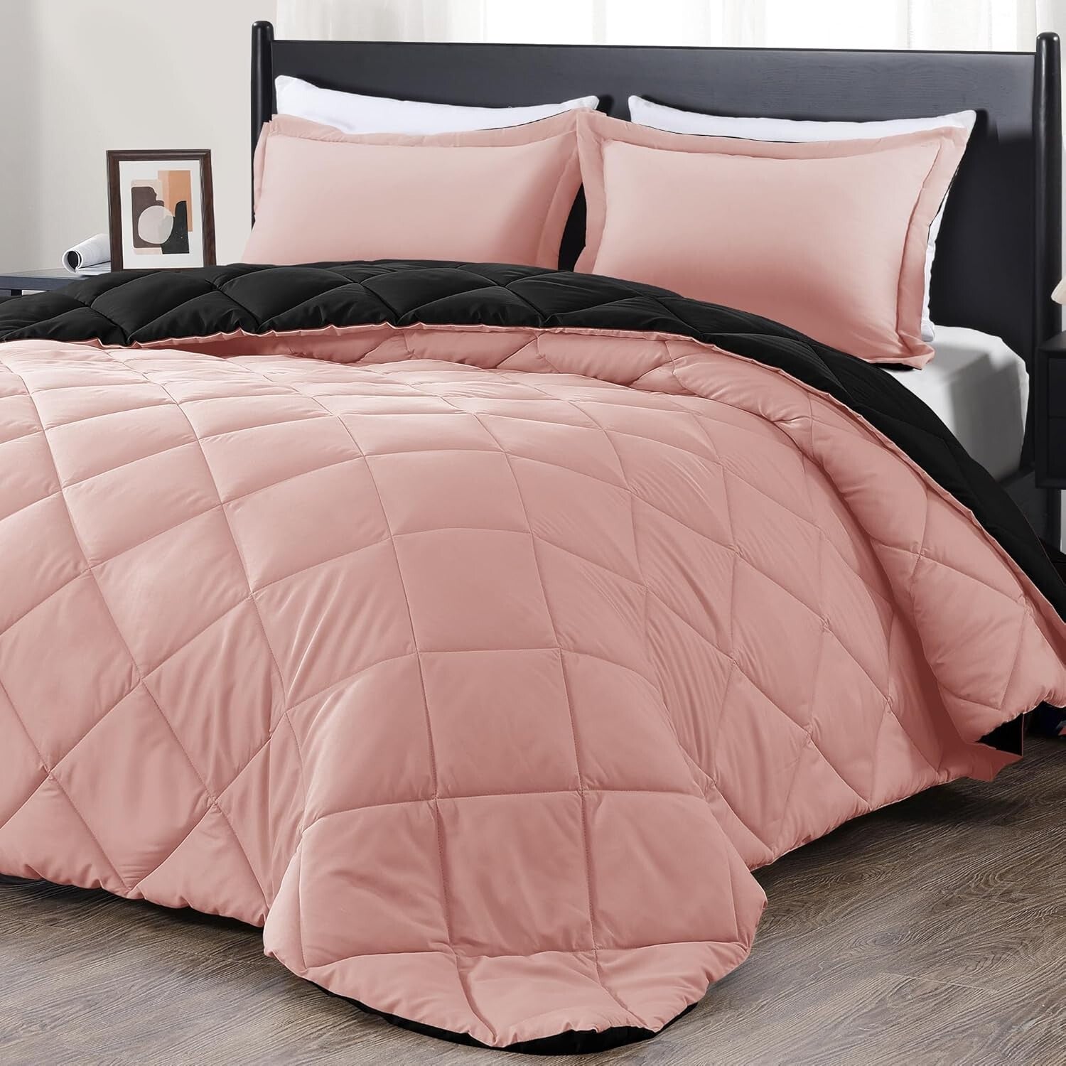 Stylish All-Season 3-Piece King Comforter Set - Pink & Black Reversible Design