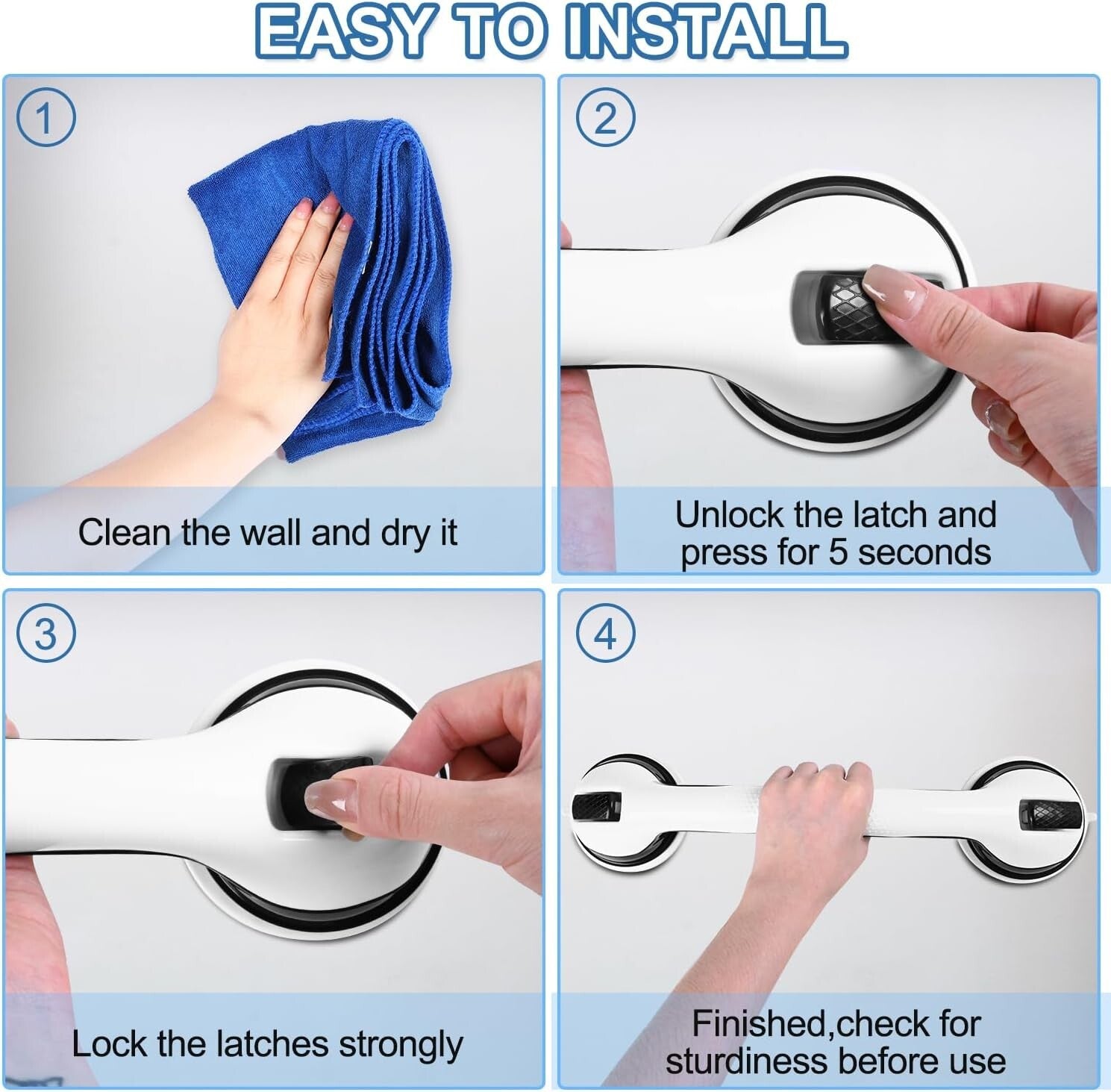 Easy Install 16” Suction Grab Bars - Black Shower Handles for Safety (2 Pack)