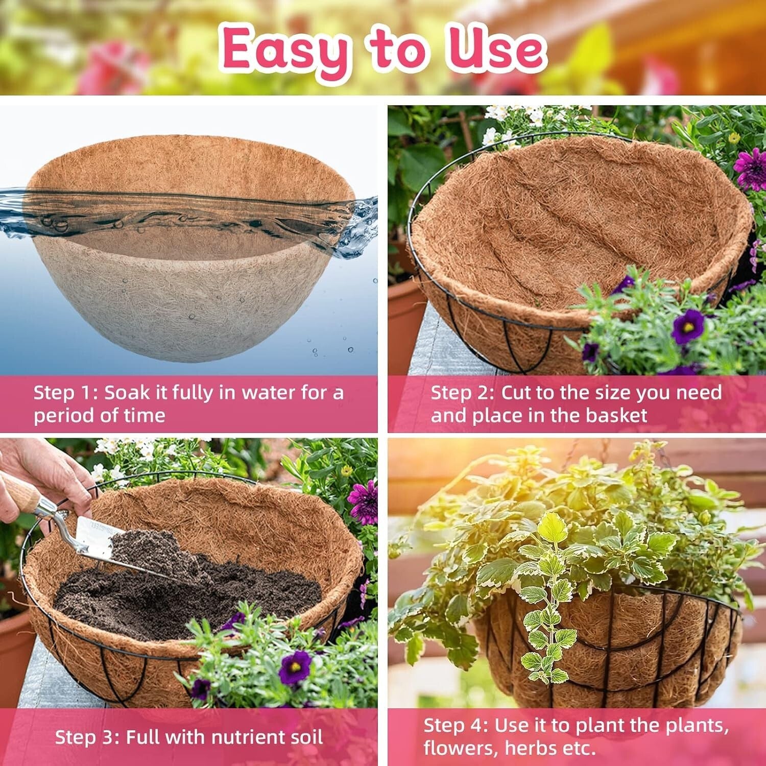 4 Pack 20" Round Natural Coconut Coir Liners for Beautiful Hanging Baskets