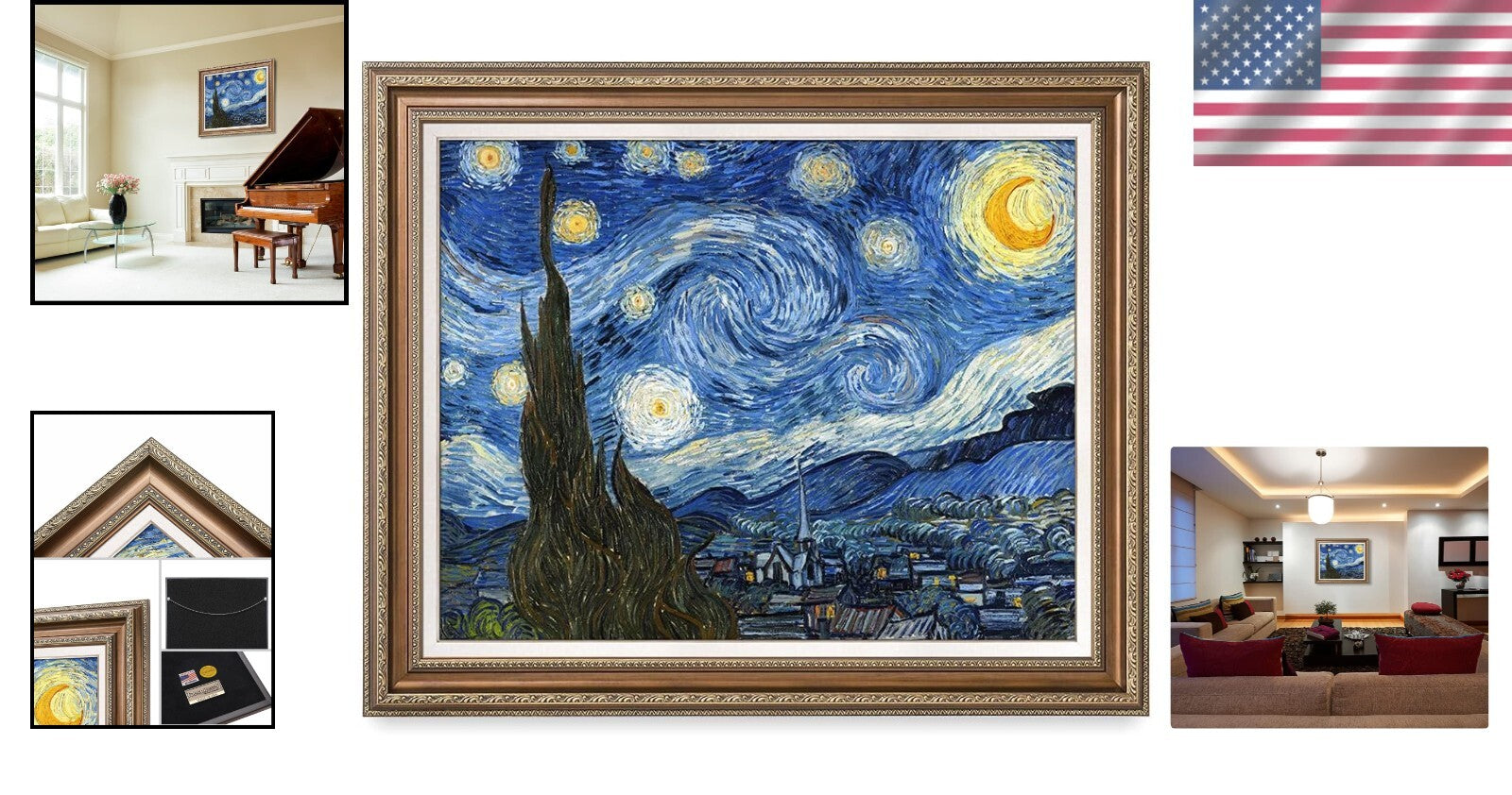 Classic Starry Night Giclee Canvas Art - Framed Size 36x30in - Made in USA