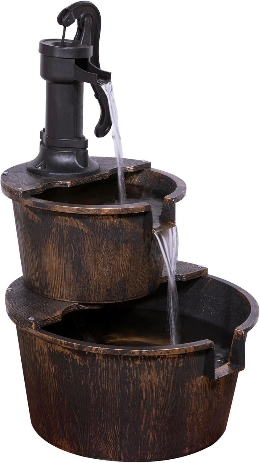 27" Outdoor Rustic 2-Tier Barrel & Pump Fountain - Bronze Finish & Peaceful Flow