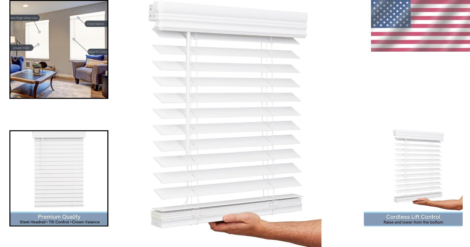 Bright White Cordless Faux Wood Blinds - 2-Inch, 16.5" x 36", Effortless Control