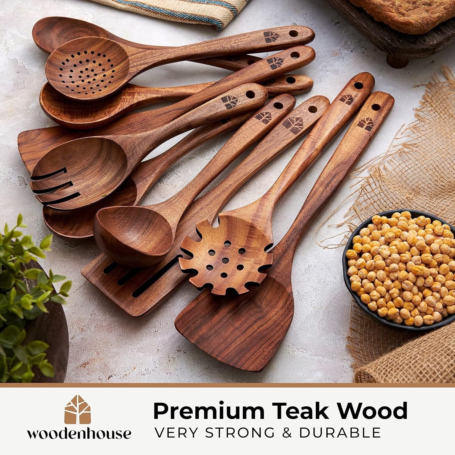 Elegant 10-Piece Wooden Cooking Utensils Set in Teak - Lightweight & Sturdy