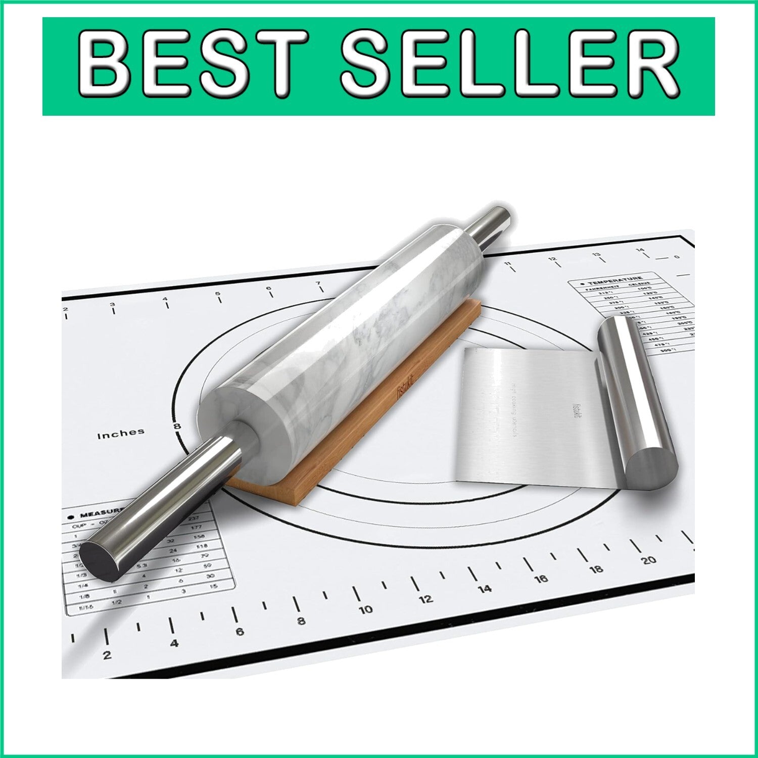 White Marble Rolling Pin Set with Stainless Steel Handles & Baking Accessories